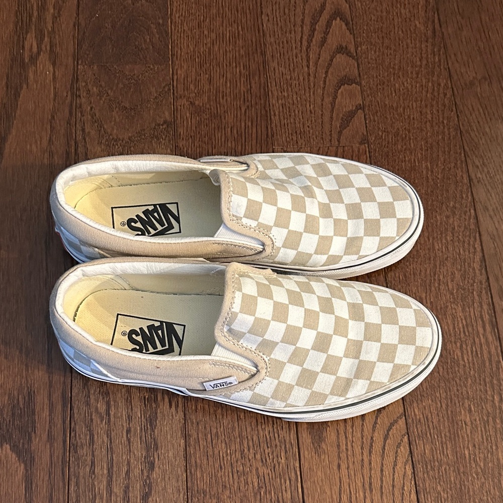 Vans Beige and White Checkered Slip-Ons
Size 7.5